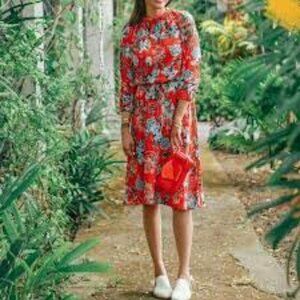 H&M Dark Orange Floral Print Creped Midi Dress 8